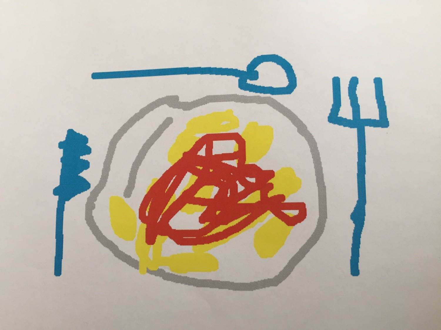 An image drawn by my daughter picturing my favorite meal, Pasta with tomato sauce.
