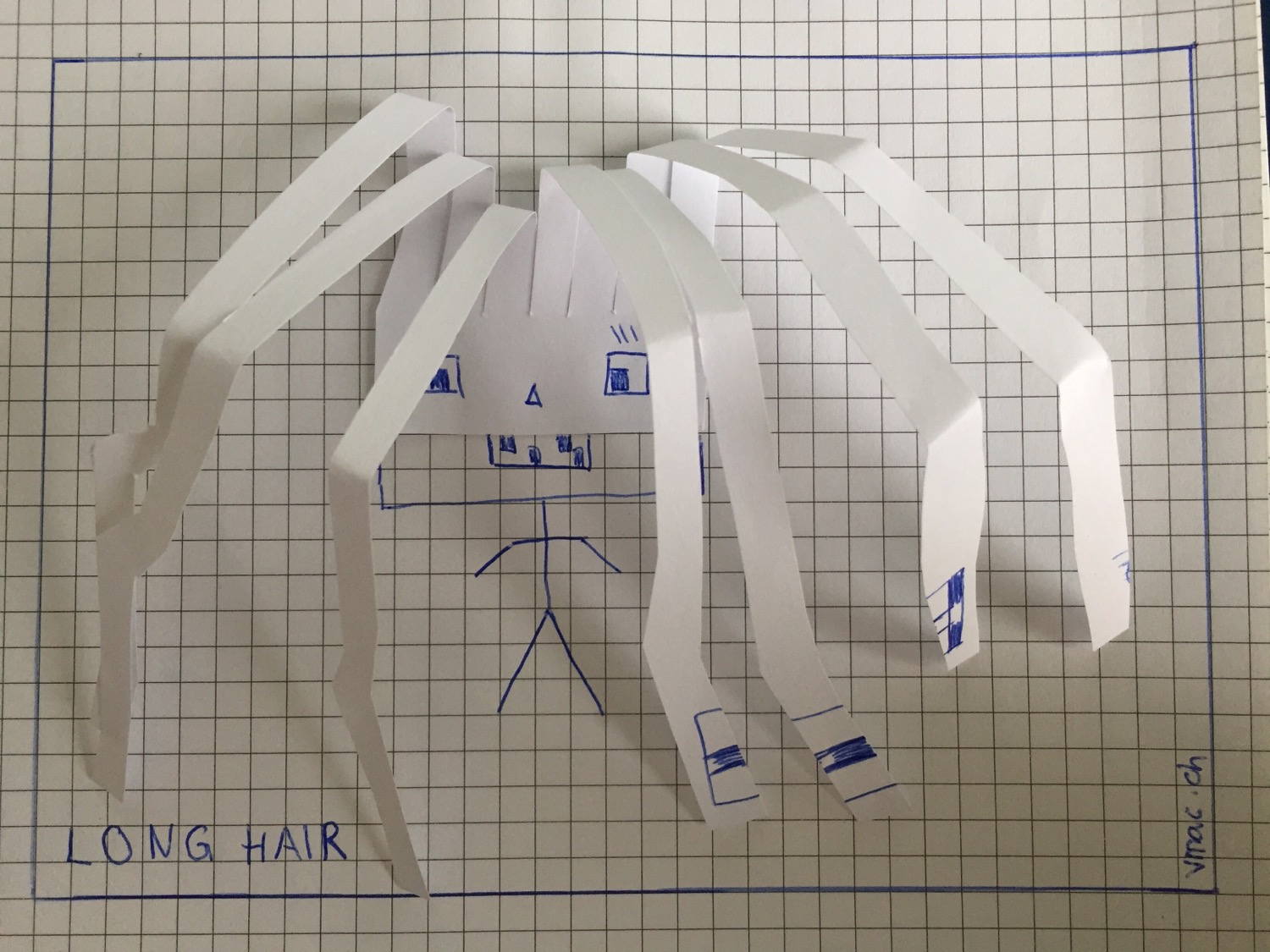 Long hair — drawing of a stick figure with long hair.
