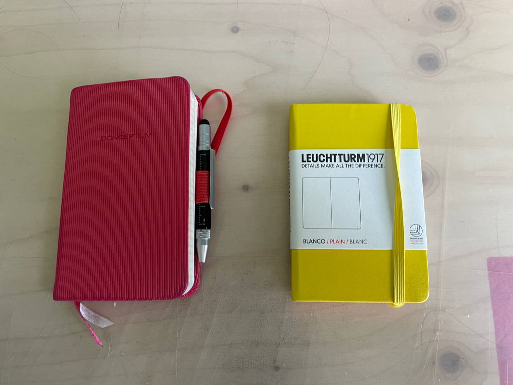 On the left side: Another notebook filled. On the right side: The next - yellow a color for the hope of a better year.
