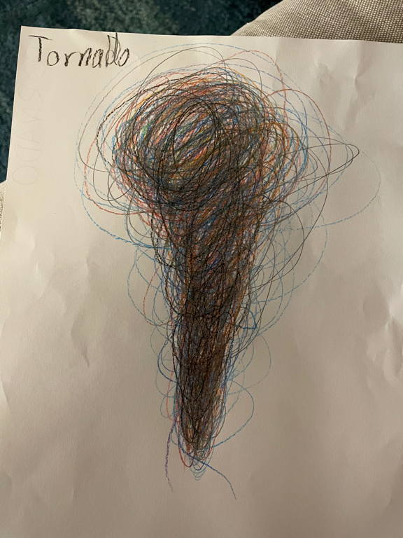 An image of a tornado, drawn by my daughter. She seems to be only fascinated by them.
