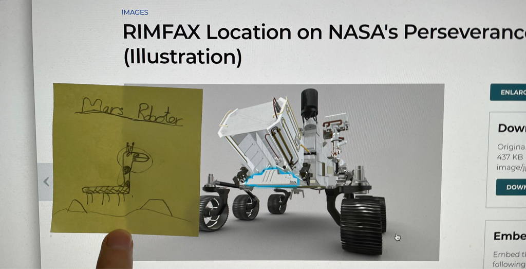 In eager anticipation of today&rsquo;s landing of Preseveran e.
The postit contains an image of how the rover looks in my daughter&rsquo;s imagination.
