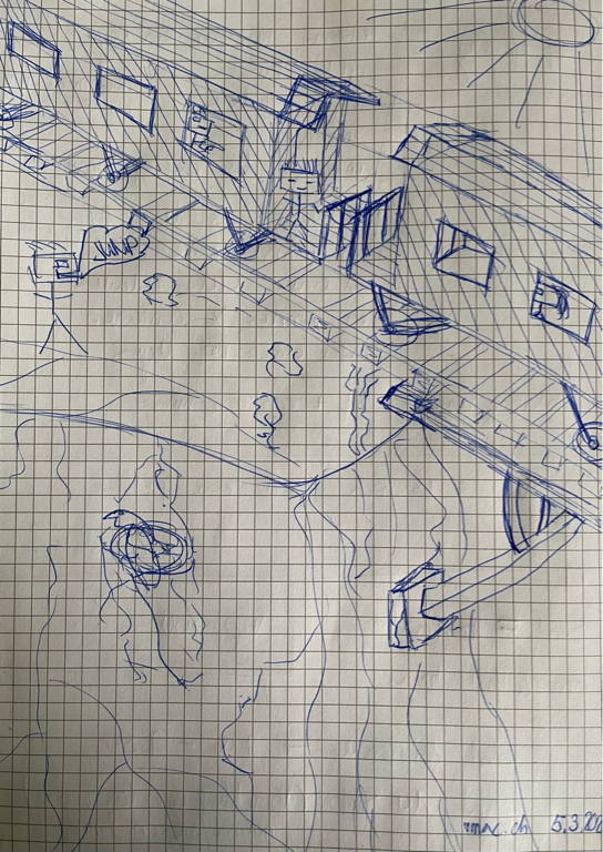 Action scene (A drawing of a person jumping out of a train)
