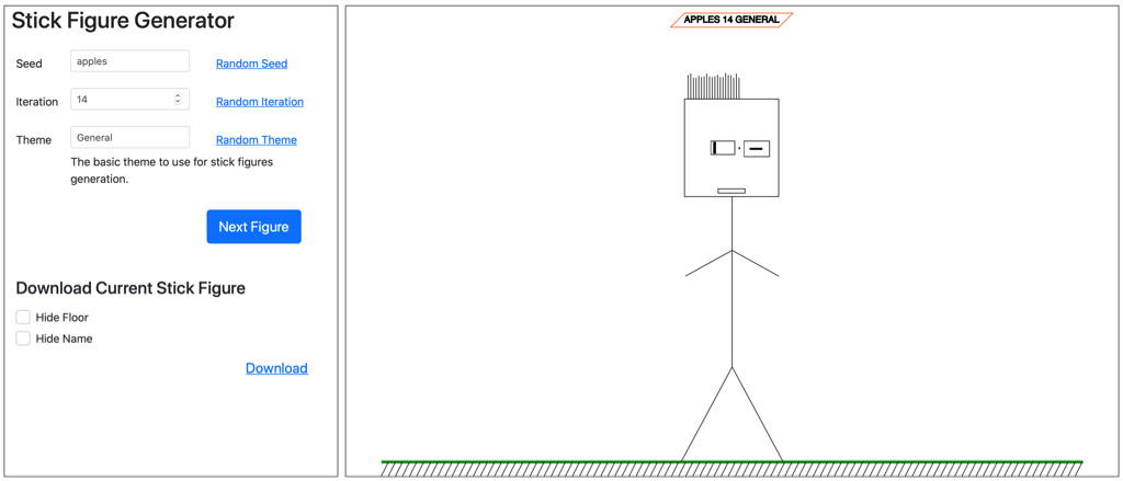 Progress on the stick figure generator from the weekend. Now it just needs more variance in the body parts.

