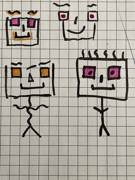 Dome hand-drawn stick figures. I like the bottom right the best.
