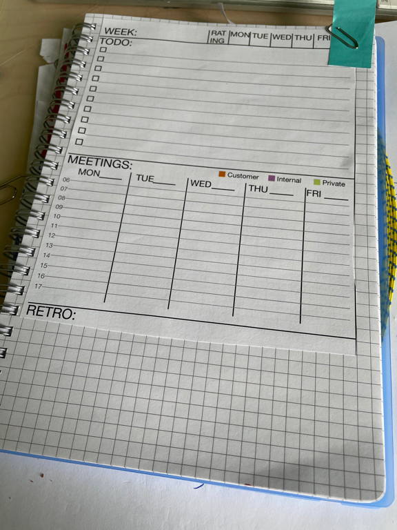 Finally made a template for my weekly work log. To fill out at the start of each week. It helps me keep track of my weeks and how they went.
