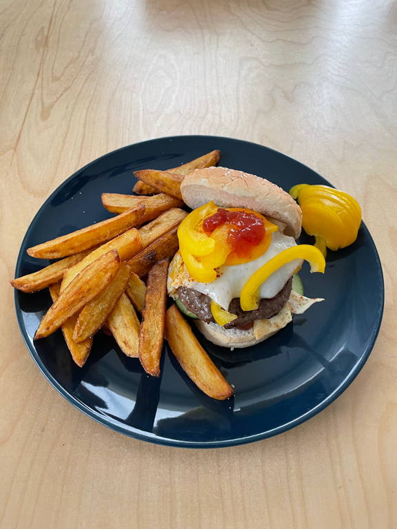 Homemade burger and fries.
