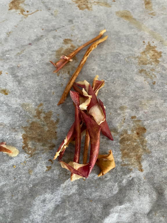 My wife started to create chips from leftover Apple skin. They are so delightful.
