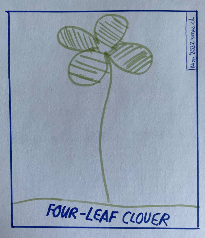 My wife and daughter found four four-leaf clovers within 10 minutes. I hope we did not use up all our luck this year oO. (The image shows a single four-leaf clovers in a box).