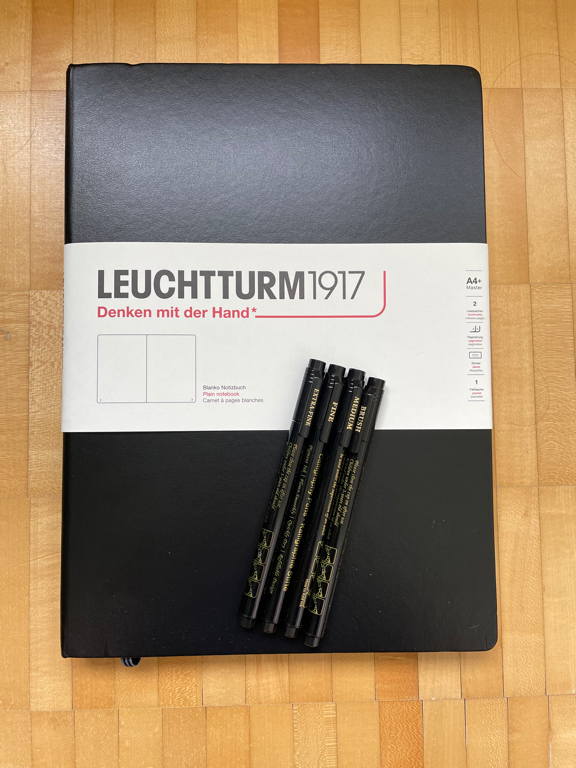 My new notebook and new pens. Both are an experiment, the notebook does not have a grid. Not yet sure how it will pan out.
Never paid so much for a notebook but I think it will be better than having loose papers for my doodles.

