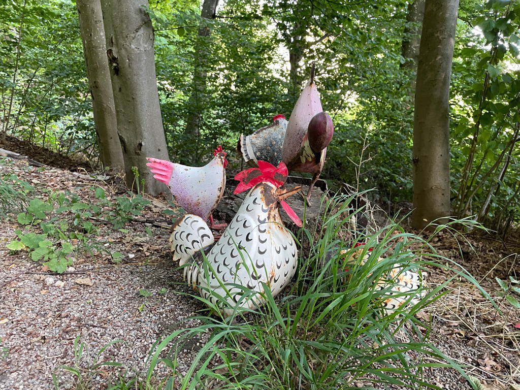 A random collection of chicken sculptures found in the forest.
