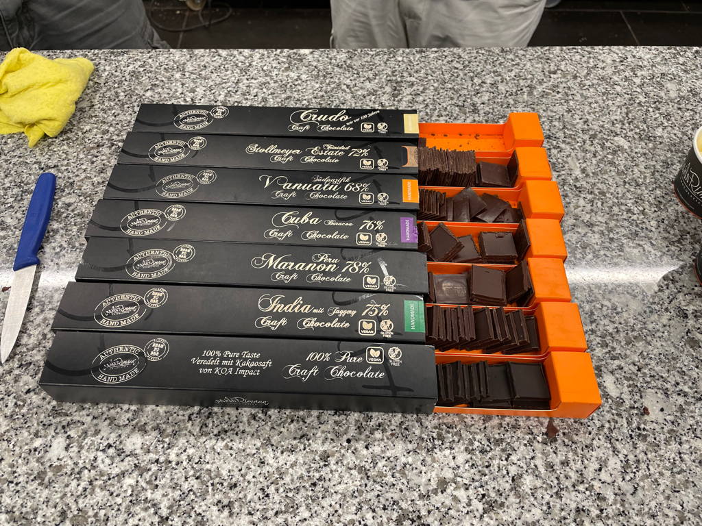 Yesterday I was at a chocolate manufacturing place and tiered some very special chocolates. I enjoyed the second and third one from the top the most. The bottom one (100% percent chocolate) was nothing for me.
