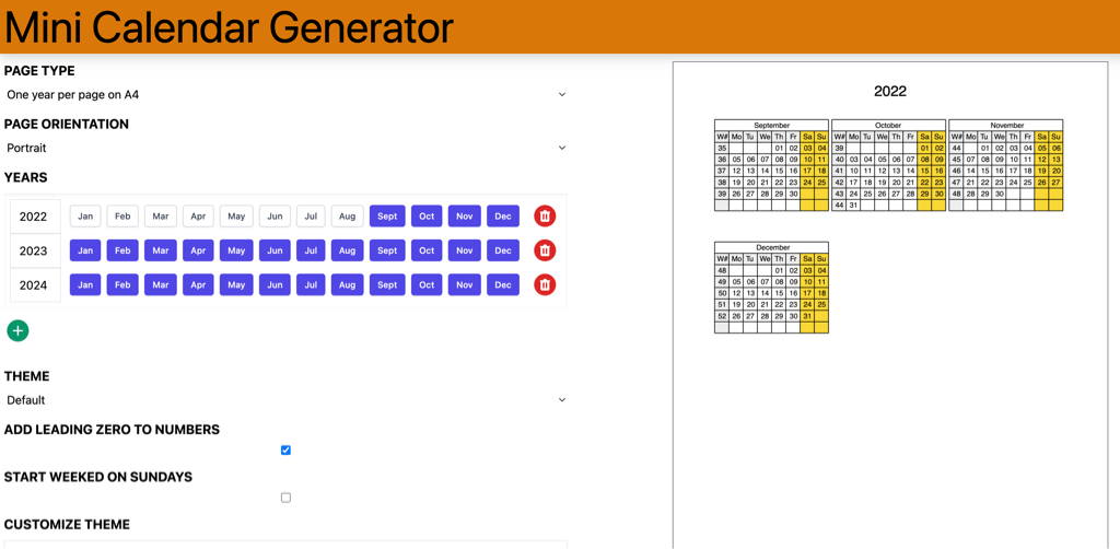 I’ve made a small update for my calendar pdf generation tool. The year selection got better and you can now select with month should being included.
The image shows a screenshot of the tool.
