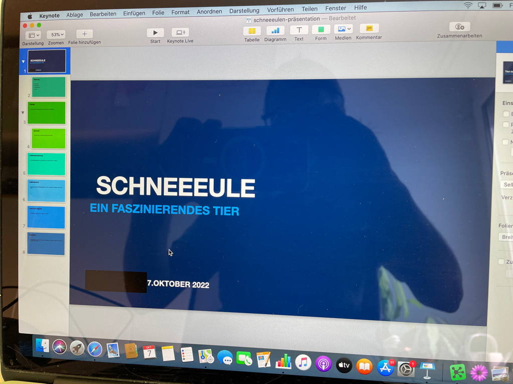 We live in an amazing age. I&rsquo;ve showed keynote to my daughter today. And she went of and created a presentation about the snow owl. Researching the content via the internet. The image shows a photo of the first slide with the title.
