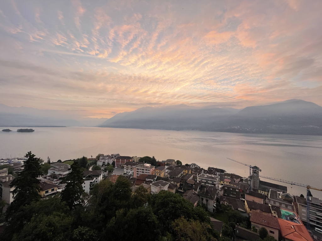 Early morning view over the Lago Maggiore from the hotel balcony at around 7:45 for A Day in the Life of Micro.blog.
