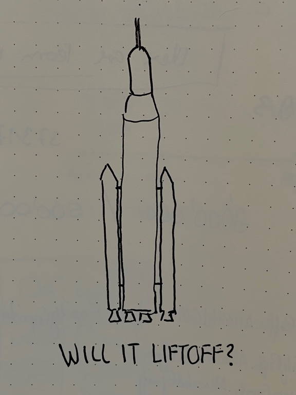 Today is the day — or not? Will the SLS have liftoff? (The image shows a doodle of the SLS Rocket with the caption below “will it liftoff?”).
