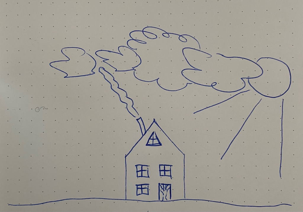 A house under clouds with a bit of sun. A doodle I made yesterday.
