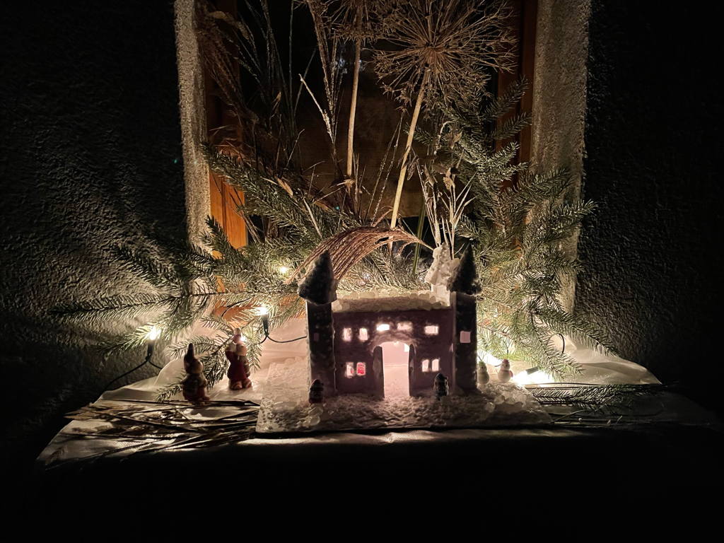 The “Christmas window” at my parent’s home. A sugary winter castle with little snowmen.