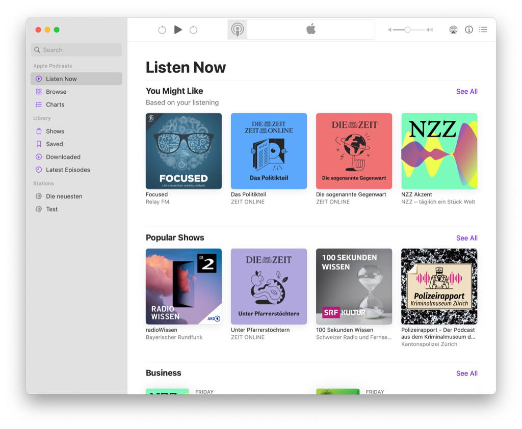 I finally managed to listen to all the podcast episode in my player. There is nothing to listen to anymore. (The image shows a screenshot of the “Listen Now” view of the apple podcast app with no podcasts episodes – only some recommendation for other podcasts are visible).
