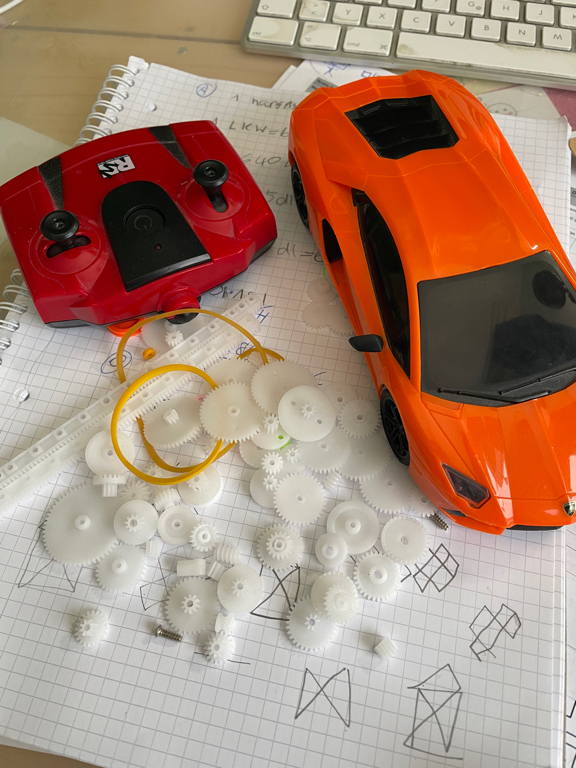 Car service done :-) I bought a small set of plastic replacement gears to fix a destroyed gear in my daughter&rsquo;s RC car toy (the image shows the orange rc car toy l, it&rsquo;s remote and the rest of the unused gears).
