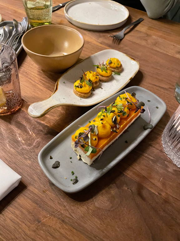 Some of the food from yesterday&rsquo;s team launch. It also marked my last working say for this year (the image shows two small plates with vegetarian food to share). It was also the first or second time this year that the whole team was at the office.
