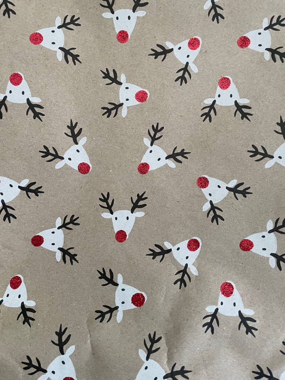 Cool gift wrapping paper with small deer heads on it.
