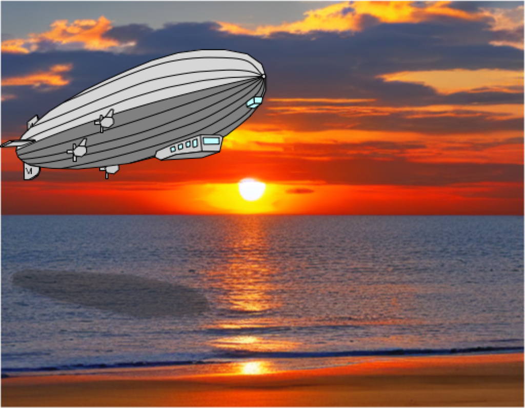 The airship Malay over the beach while the sun is going down. The airship is drawn by me and the background was generated using DiffusionBee.

