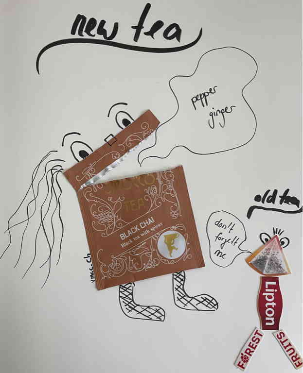 A doodle made from the teabag enclosure of the new tea I got for Christmas (Black Chai) which I love. It looks like a little creature and say: pepper and ginger. Next to it is smaller figure made out of the packaging of my favourite tea saying: Don’t forget me.
