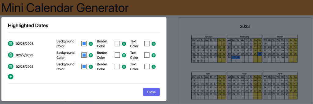 I’ve updated my calendar generator to support custom highlighted dates. You can change the background color and the text color of a cell.
