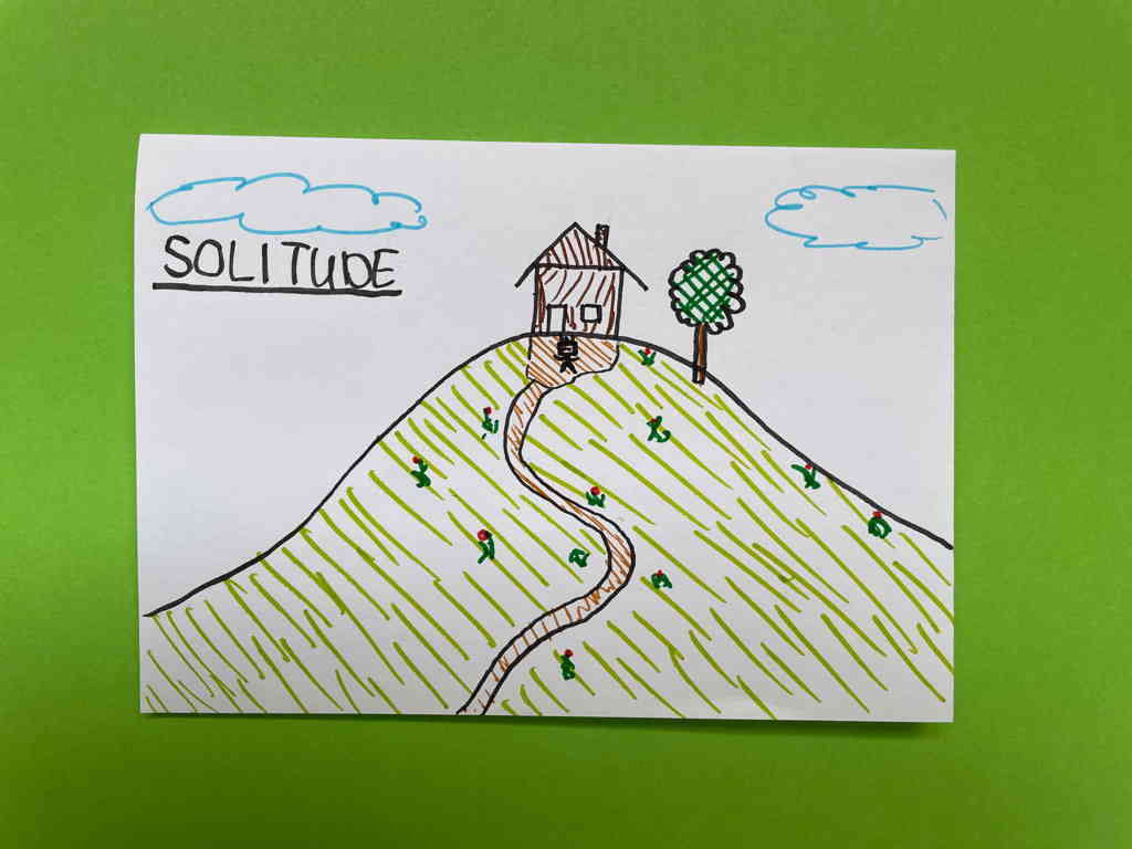 Photo Challenge Day 3 A cabin on a remote mountain top would be a perfect spot to enjoy some solitude. (The image shows a drawing of a cabin on a hill with a tree to the right. A small stick figure is standing in front of the cabin).
