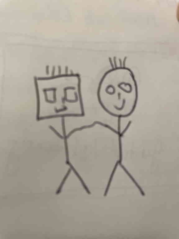 Photo Challenge Day 9 together. Another picture of a drawing. It shows two stick figures holding hands. In has a square head the other a round.
