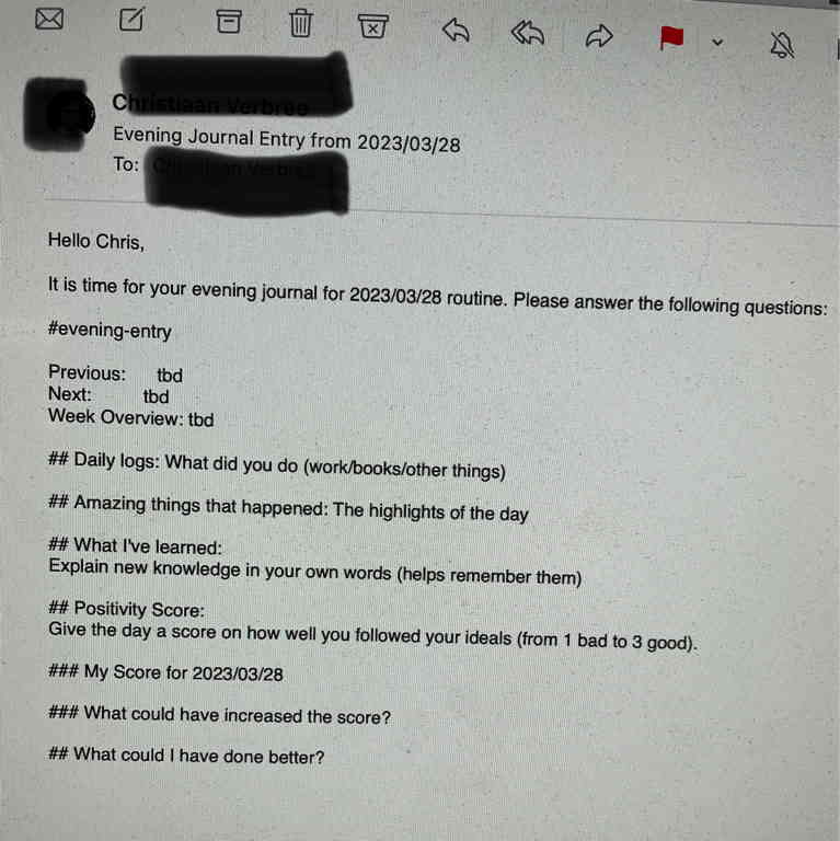 Photo Challenge Day 28 My daily journal prompt. The image shows a photo of the email I receive each evening. Asking me five questions about the day (What did I do / What was amazing / What did I learn / What is the days score).
