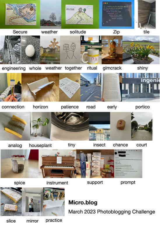 All 31 images I made for the March Photo Challenge. I had a lot of fun selecting my pictures but also looking at the photos of the others. And I learned another new word: gimcrack.
