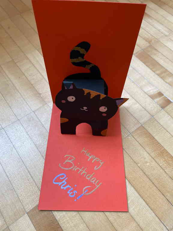 A fold out card with a black cat inside. The text on the bottom reads “Happy Birthday Chris.”