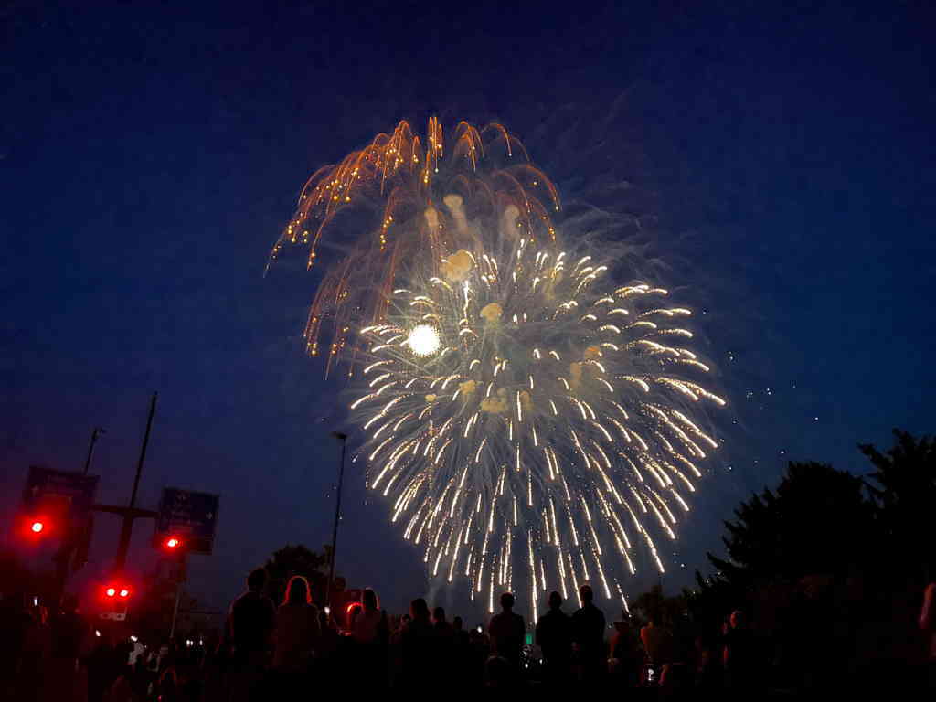 Displaying a gold shower fireworks in the centre of the image. And a smaller redish spark shower behind it.