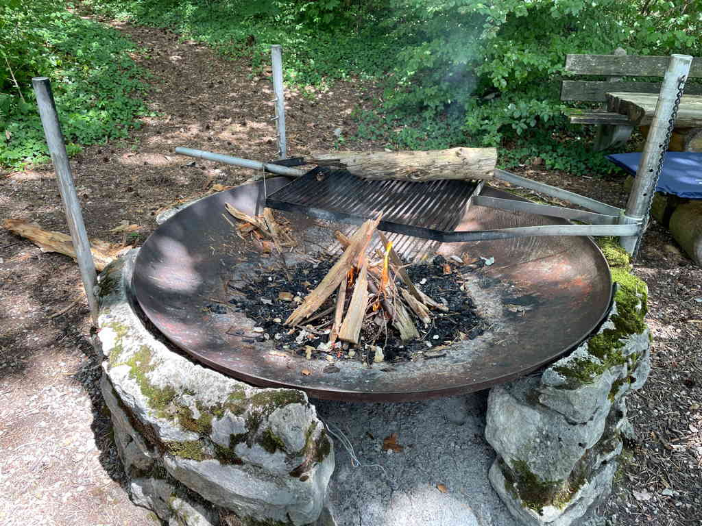 A campfire in a fire pit.