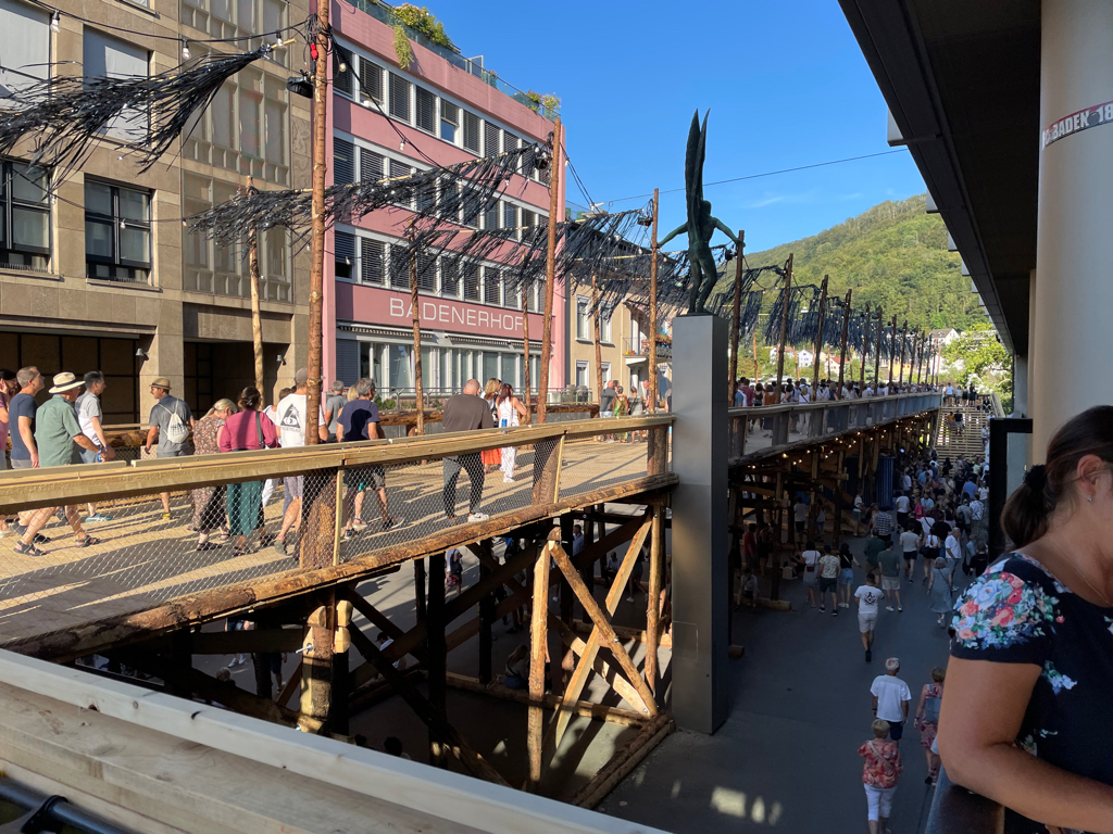 A temporary wooden bridge.