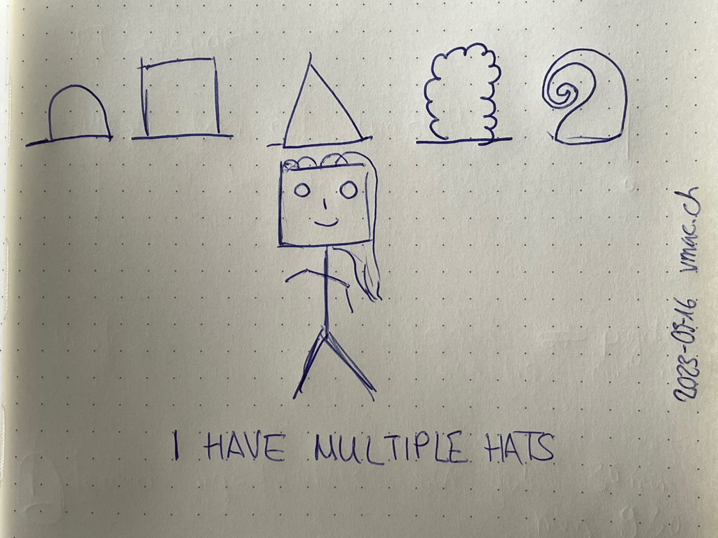 Sketch of A stick figure with long hair. On top of the figure is a row of different hats. The figure is wearing a triangle hat (like a Merlin hat). From left to right, we have A baseball cap, a cylinder, a triangle hat, a strange hat looking like Marge's hair (from the Simpsons), and finally, a fool's hat. At the bottom is the text “I HAVE MULTIPLE HATS.”
