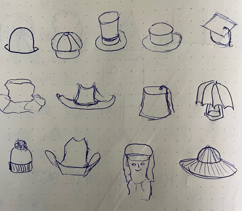 Handdrawing of three rows of different types of hats. The second to last hat at the bottom of the page also has the implied face of a person in it.
