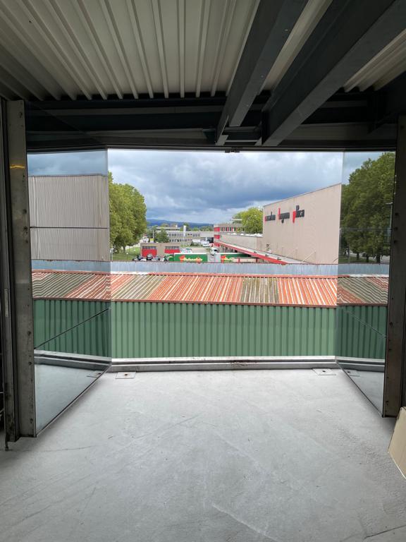 A close-up of the material door on the side of our office space.