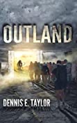 The cover of Outland, shows a group passing through a portal in a  postapocalyptic world