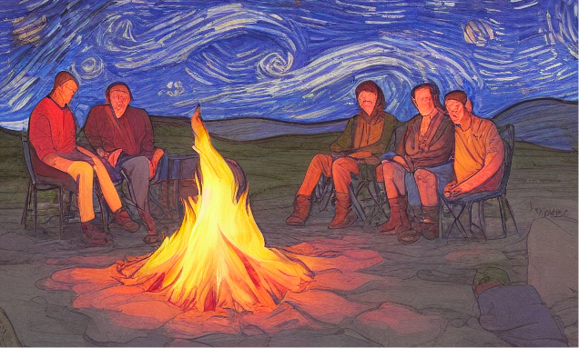 A generated image showing a group of people around a fire in the night
