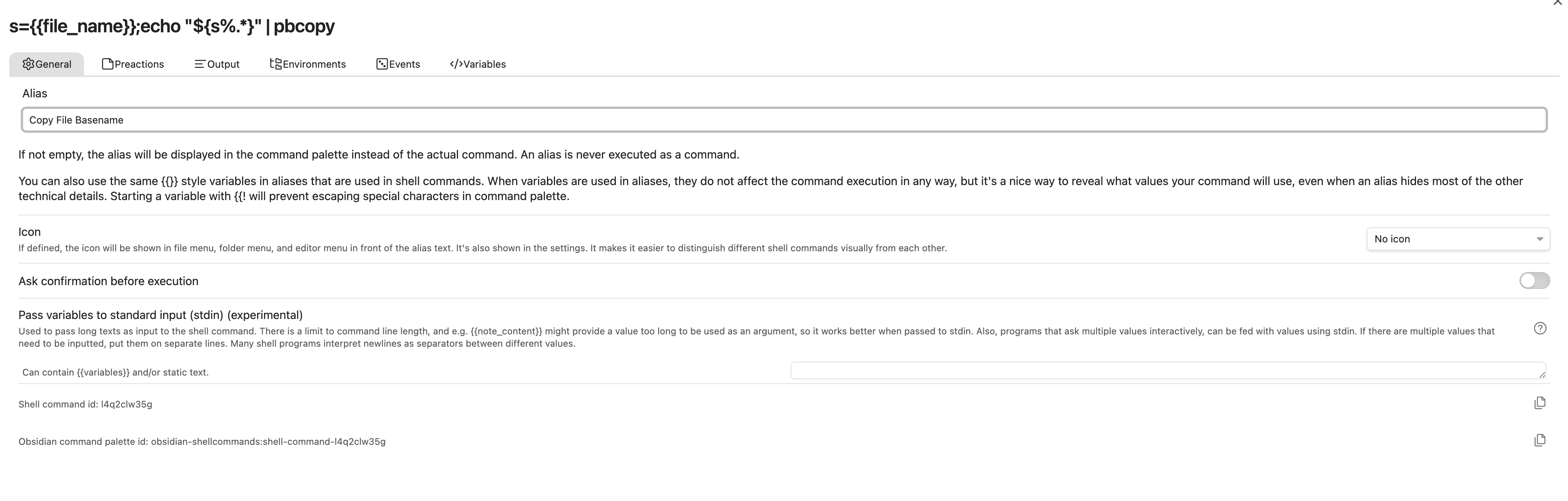 Giving the command an alias in the command settings dialog.