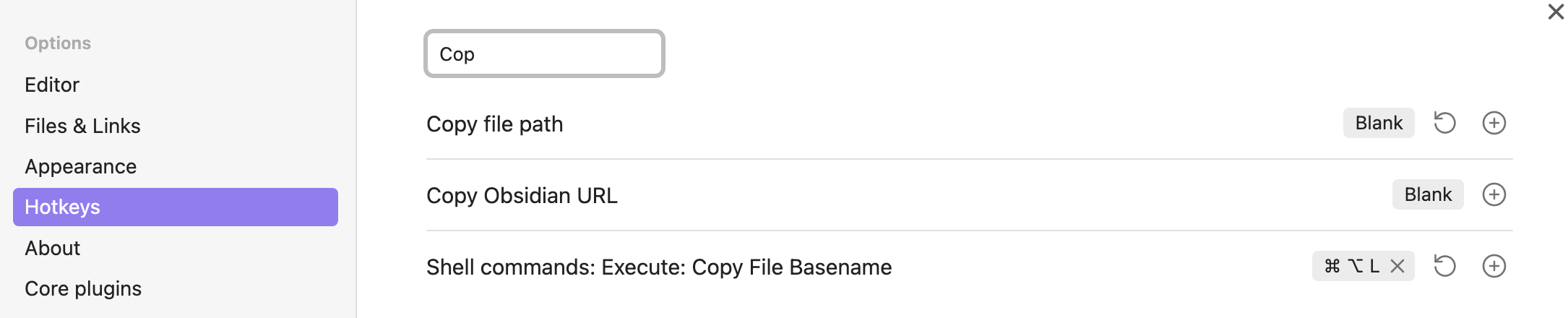 Setting up the hotkey for the new command in the Obsidian settings dialog.