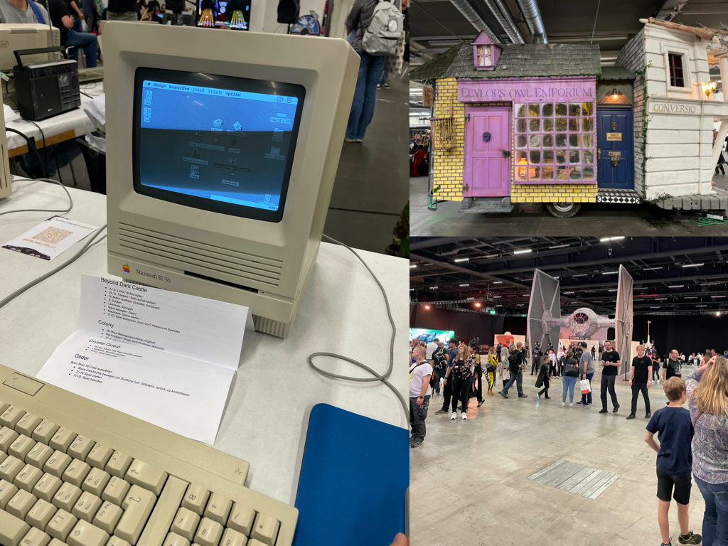 Collage of three images: Showing an Macintosh SE/30 on the left. Part of the diagonally installation on the top right and a wide shot of a tie fighter from Star Wars.