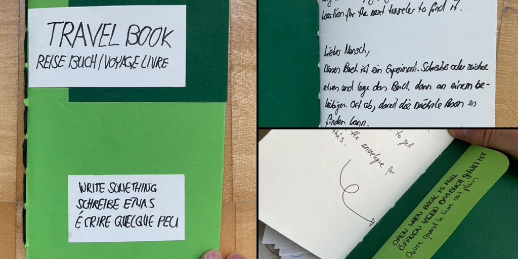 A collage of three images showing a the cover with the title “Travel Book” and the same title in German and French, as well as the prompt to write something (again in the three languages).