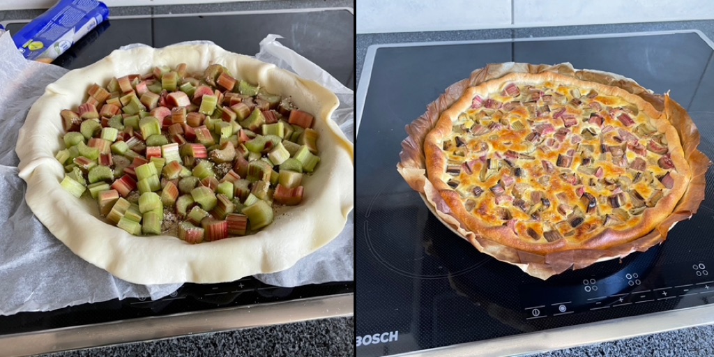 A collage on the left is the raw rhubarb tart and on the right the finished one.