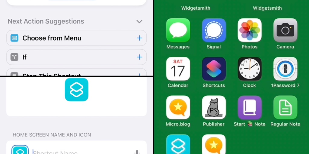 Collage of three images. On the left side are two screenshots from the Shortcut app. At the top a simple shortcut to start an application. On the bottom the detail screen to add the shortcut to the Home Screen. On the right is my Home Screen with two shortcuts without a name.