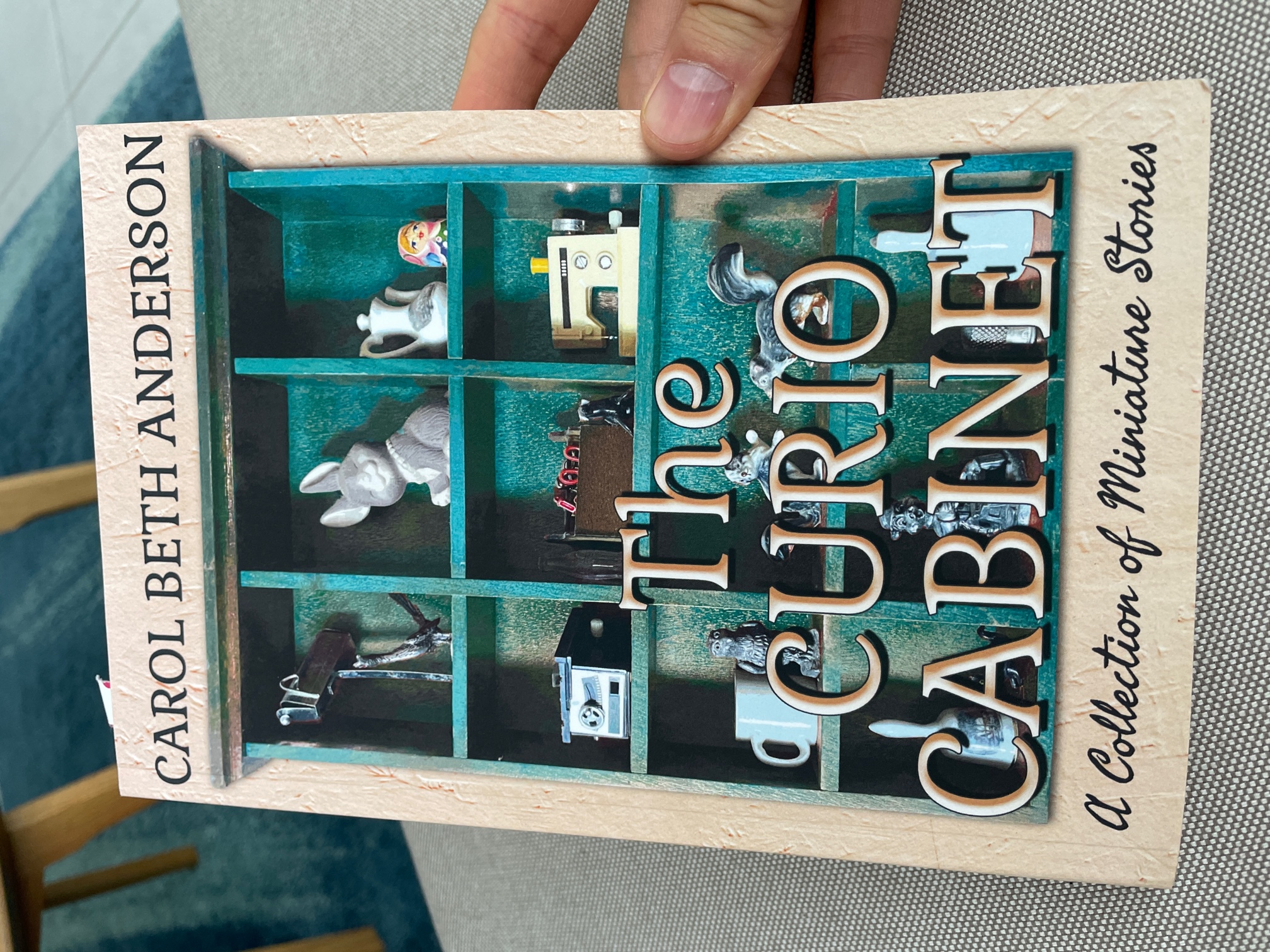 Photo of the book cover. The cover shows a case with 12 nooks containing different items. Some of the items are a small cammera, a sowing machine, a bunny.