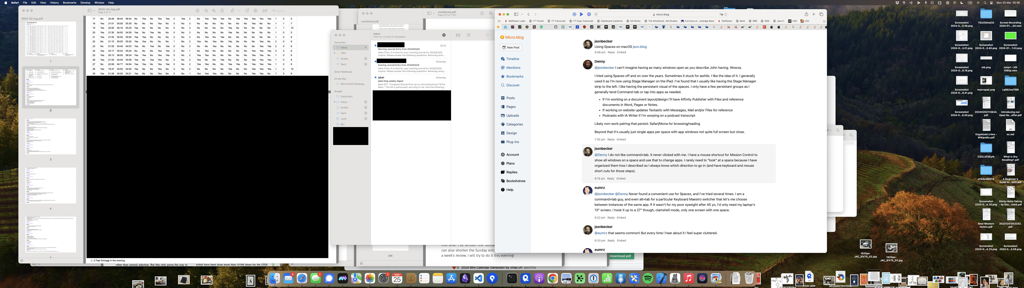 A screenshot of my desktop with my current apps visible. From left to right: Preview, Mail and Safari. Safari has 98 tabs open, and the shown webpage is Micro.blog. Some of the content is blacked out in the app windows to hide senstive information.