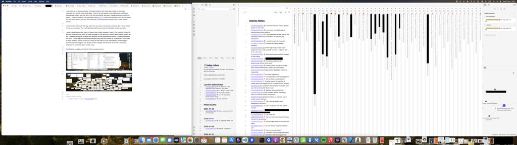 A screenshot of the two Obsidian windows with my primary vault open. And way to many tabs. Some of the content is blacked out in the app windows to hide senstive information.
